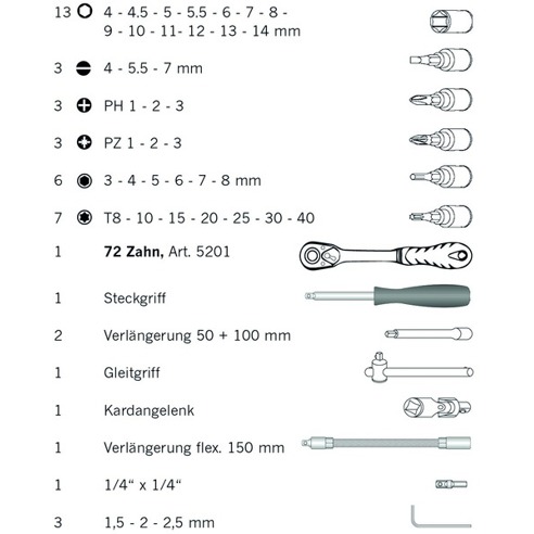 1/4" Steckschluessel Satz 46tlg proficraft | 72 Zahn Knarre