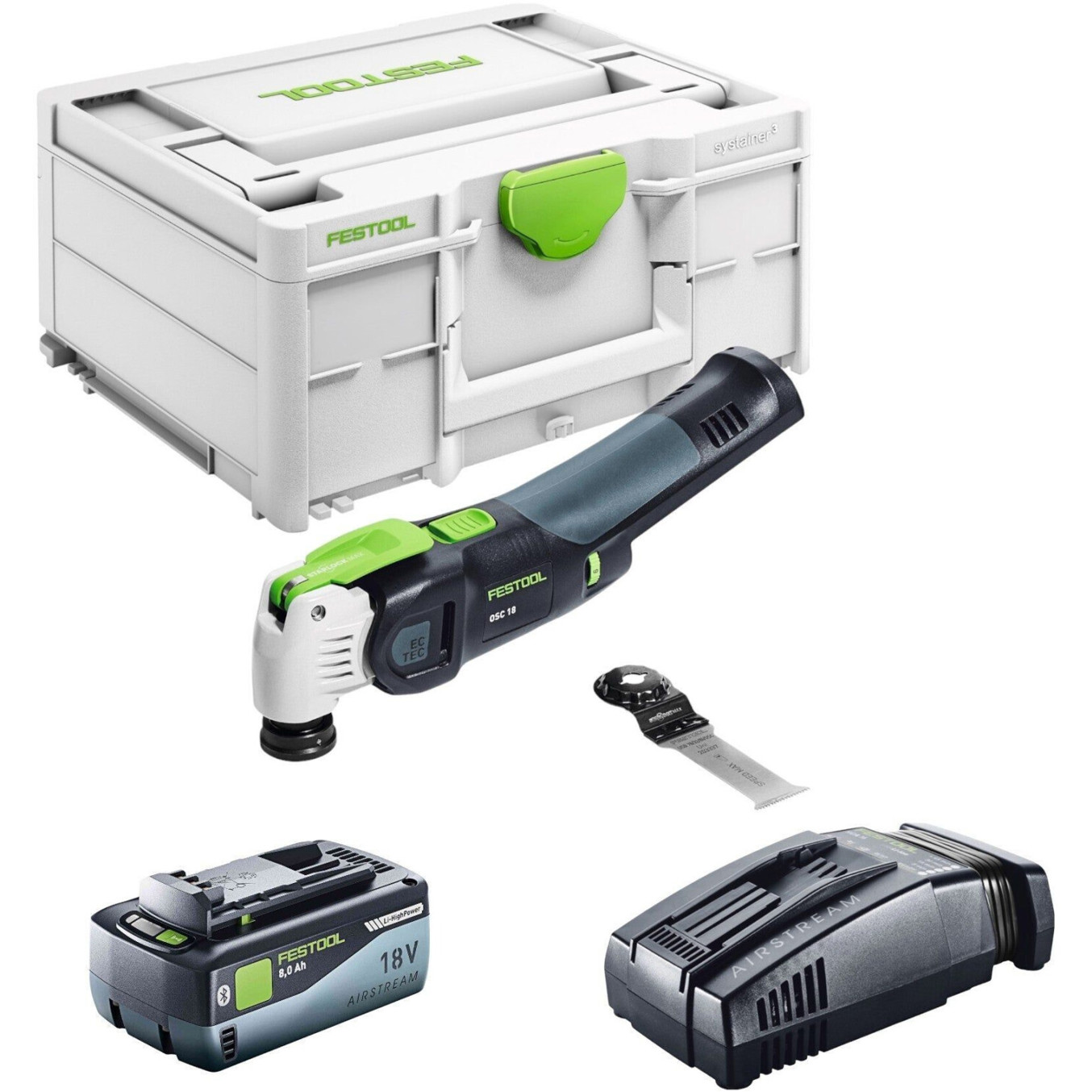 Festool - OSC 18 E-Basic - Profi Akku-Multi-Cutter/Oszillierwerkzeug (18 V, 1x 8,0 Ah, Li-Ion, Netz-/Akkubetrieb, Starlock-Max)