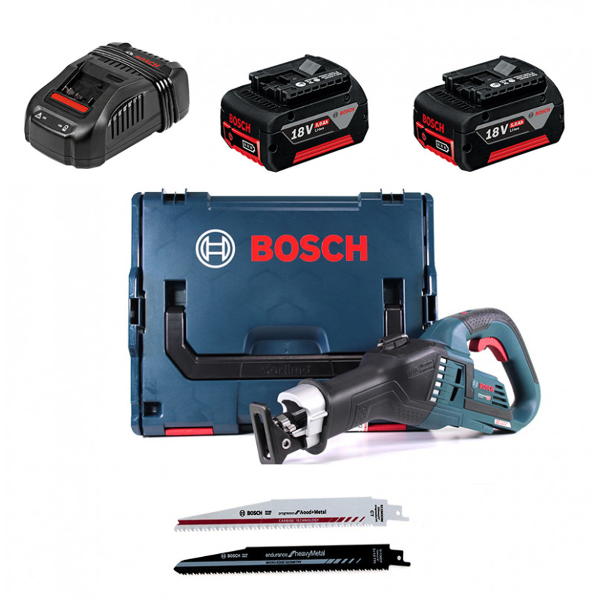 Bosch - GSA 18V-32 - Akku-Säbelsäge (blau, Li-Ion, mit 2 Akkus, Überlastschutz, L-Boxx, SDS, Sägeblatt-Schnellwechselsystem, Pendelhub, Profi)