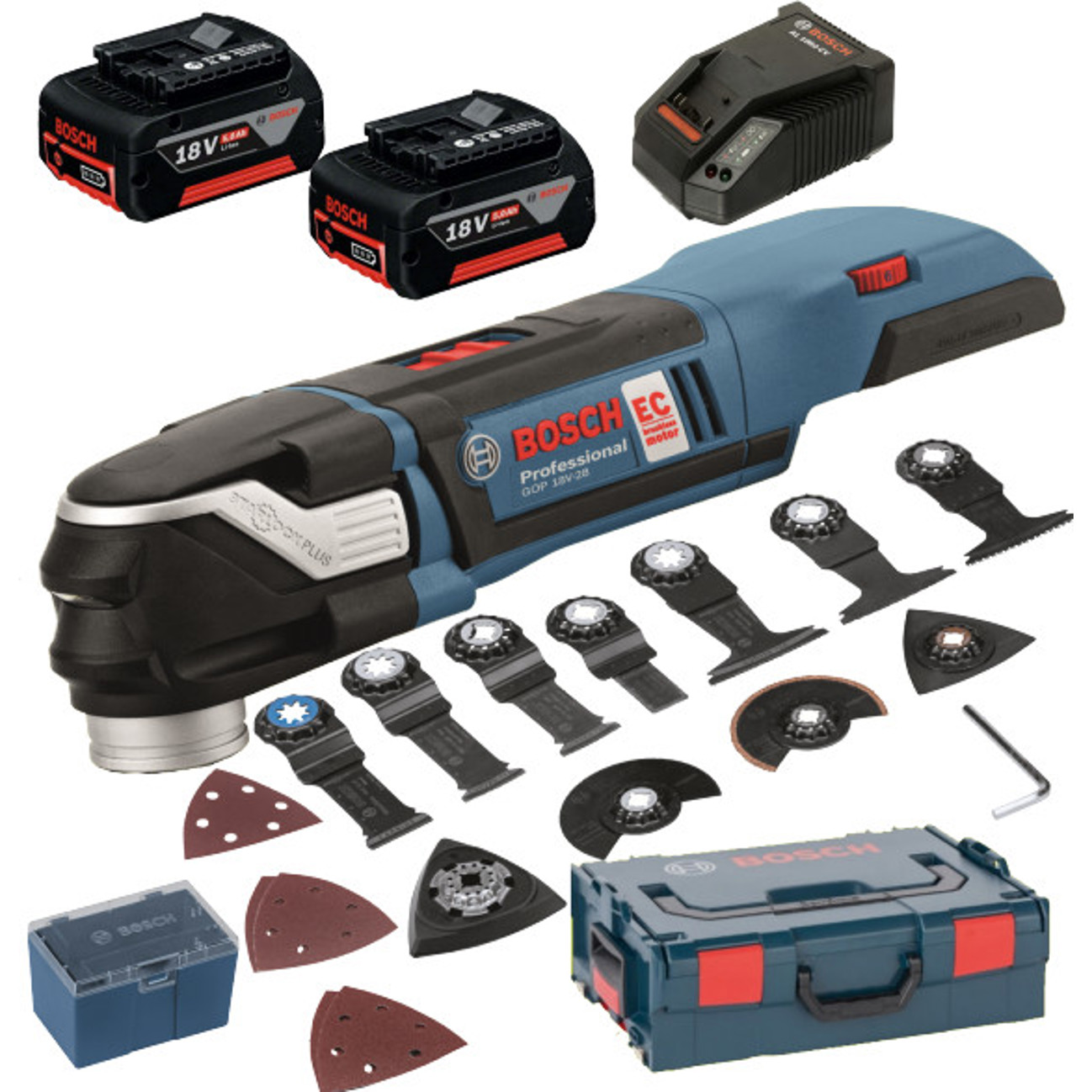 Bosch - GOP 18V-28 - Akku-Multi-Cutter (mit 2 Akkus, 18 V, Li-Ion, Softgriff, LED-Licht, Snap-In-System)