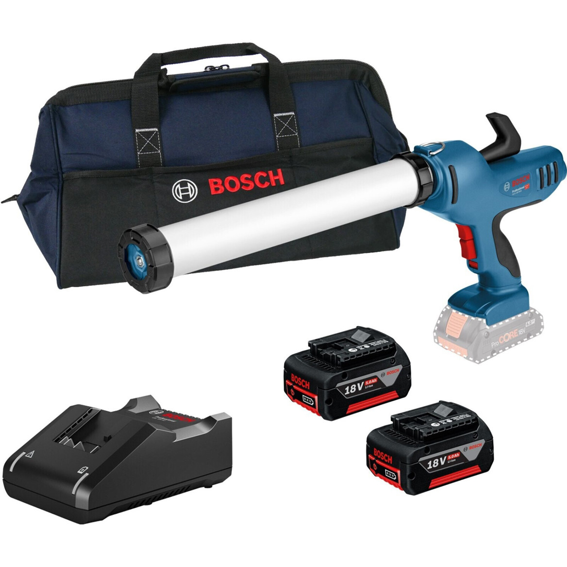 Bosch - GCG 18V-600 - Akku-Kartuschenpistole (18 V, 5 Ah, 2,2 kg, geeignet für Kartuschen, geschlossen, inkl. 2 Akkus, Tragetasche, Ladegerät)