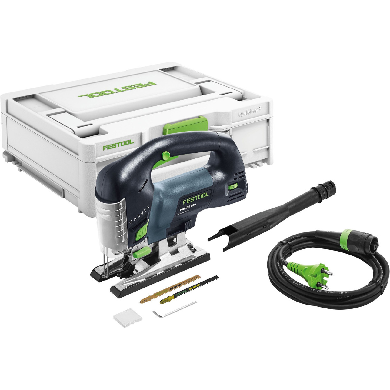 Festool - 420 EBQ-Plus CARVEX - Pendelhubstichsäge für Metall und Holz (550W, max. Hubzahl 3800 U/min, 120mm Schnitttiefe Holz, 10mm Schnitttiefe Stahl, 1,9kg, inkl. 2 Sägeblätter, Splitterschutz, Systainer, Pendelhubverstellung)