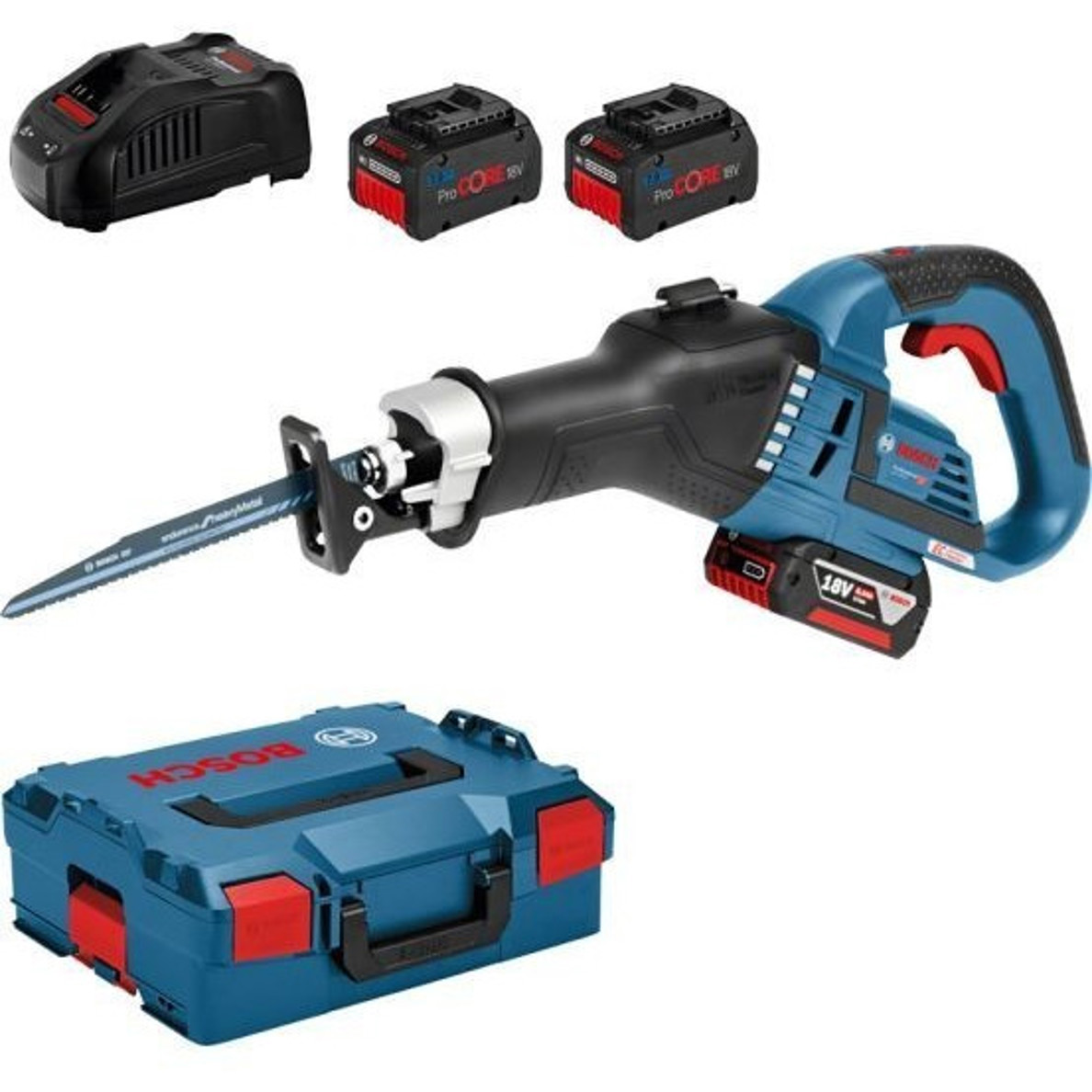 Bosch - GSA 18V-32 - Akku-Säbelsäge (blau, Li-Ion, mit 2 Akkus, Überlastschutz, L-Boxx, SDS, Sägeblatt-Schnellwechselsystem, Pendelhub, Profi)